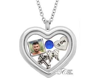 In Memory of my Son Heart Floating Locket & Charm Set • Personalized Picture Charm • Remembrance Necklace • Sympathy Gift  - SET363