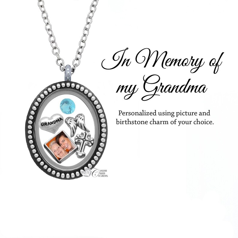 In Memory of my Grandma Memorial Oval Floating Locket Set \u2022 Custom Picture Charm \u2022 Remembrance Necklace \u2022 Sympathy Gift SET621
