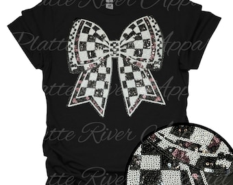 Camiseta o sudadera con lazo de lentejuelas a cuadros. También tenemos sudaderas con capucha disponibles. ¡Lentejuelas de verdad!