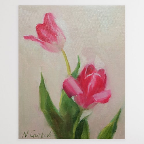 Bright pink tulip original oil painting, spring decor canvas art, small flower painting pink shops and green