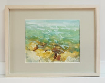 Rocky ocean beach original oil painting on birch board, green water rocks framed as shown, ready to hang