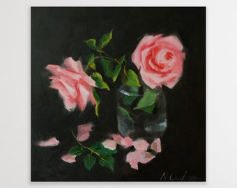Roses flower oil painting, soft pink on black, original canvas artwork, vintage style painting