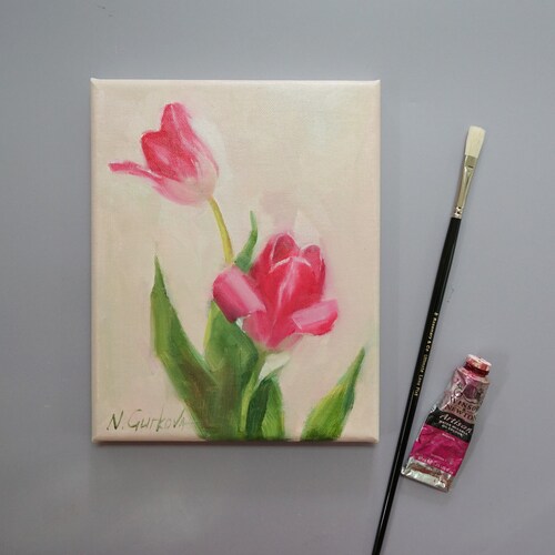 Bright pink tulip original oil painting, spring decor canvas art, small flower painting pink shops and green