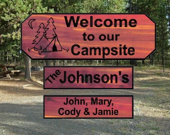 Personalized Custom Carved Camping  / Cabin Cedar Wood Welcome Sign Rustic Plaque Home Decor