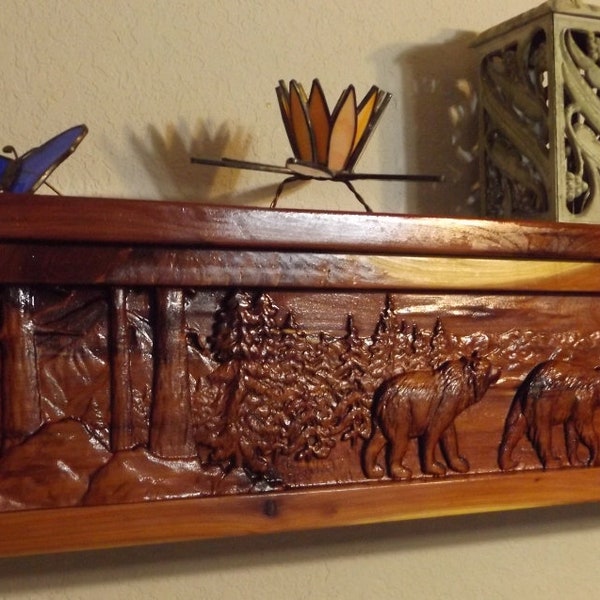 48" Carved Bear Scene Fireplace Mantel  / Cedar Shelf / Rustic / Wood / Cabin / Lodge / Log Furniture