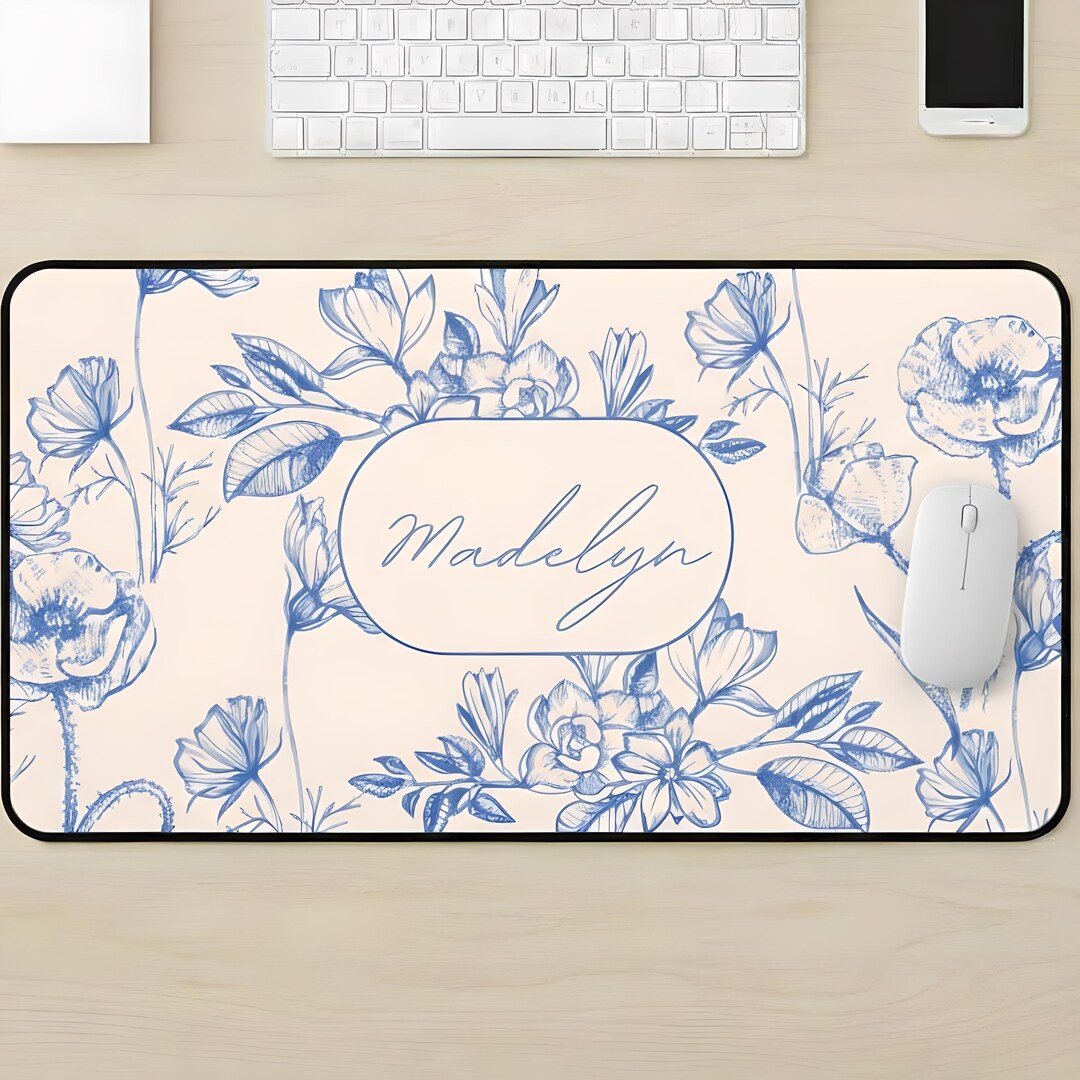 Personalized Blue Floral Desk Mat, Custom Name Aesthetic Desk Pad ...