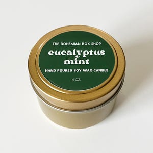 Eucalyptus Mint 4oz Gold Tin Candle, Eucalyptus Spearmint Soy Candle, Natural Soy Candle, Spa Gifts, Self Care, Custom Gift Box, Build A Box