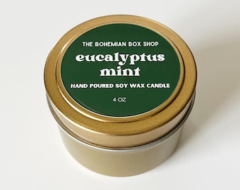 Eucalyptus Mint 4oz Gold Tin Candle, Eucalyptus Spearmint Soy Candle, Natural Soy Candle, Spa Gifts, Self Care, Custom Gift Box, Build A Box