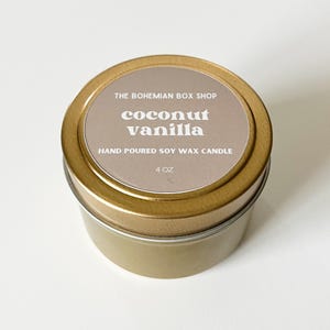 Coconut Vanilla 4oz Gold Tin Candle, Coconut Vanilla Soy Candle, Natural Soy Candle, Spa Gifts, Self Care, Custom Gift Box, Build A Box