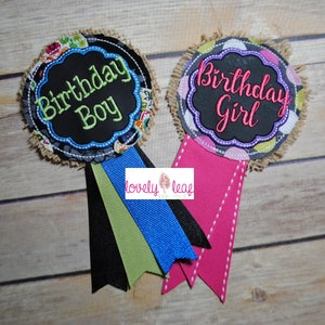 DIGITAL ITEM: ITH Birthday Ribbon Badge Embroidery Designs Boy and Girl Set 4x4 Hoop