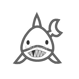 May include: A gray outline of a cartoon shark with a toothy grin. The shark has a fin on its back and a tail.