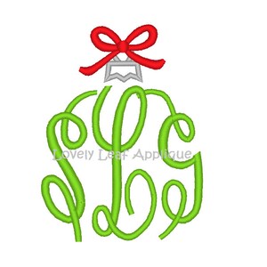 May include: Green monogram ornament with a red bow and a silver bell on top. The monogram is in a cursive font and spells out "SLL".