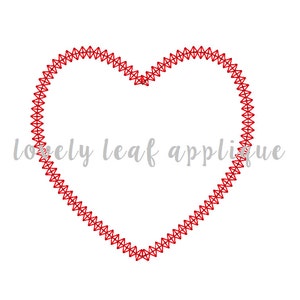 May include: Red heart-shaped outline created with a zig-zag stitch. The text "lovely leaf applique" is written in gray below the heart.
