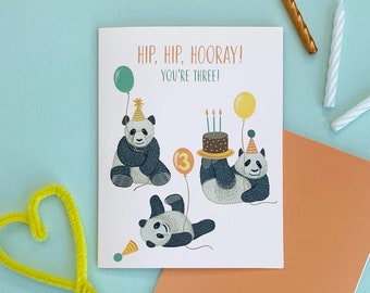 Panda Bears Third Birthday Card, "Hip, Hip, Hooray! You're Three!" - ID: BIR240