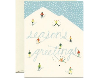 Snowy Mountain Skiers Holiday Christmas Card - "Season's Greetings" - ID: HOL105