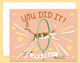 Cat Hoop Congrats Card - "You Did It! Amazing!" - ID: CON305