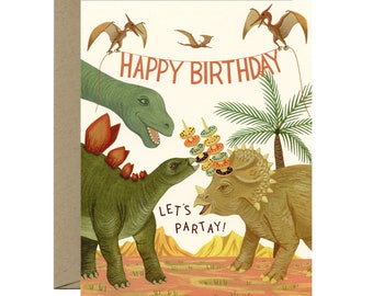 Dinosaur Party Birthday Card - "Happy Birthday, Let's Party!" - ID: BIR222