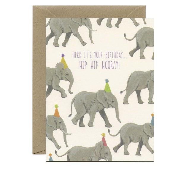 Elephants & Party Hats Birthday Card - "Herd It's Your Birthday...Hip Hip Hooray!" - ID: BIR181