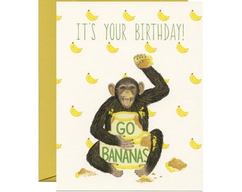 Chimpanzee Banana Cake Birthday Card - "It's Your Birthday!  Go Bananas" - ID: BIR154