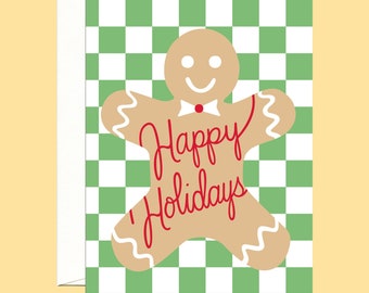 Gingerbread Man Checkered Holiday Card - "Happy Holidays" - ID: HOL283