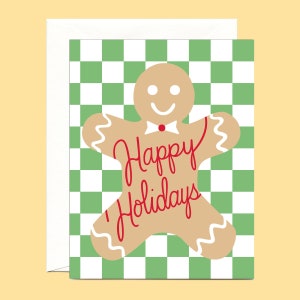 Gingerbread Man Checkered Holiday Card - &quot;Happy Holidays&quot; - ID: HOL283