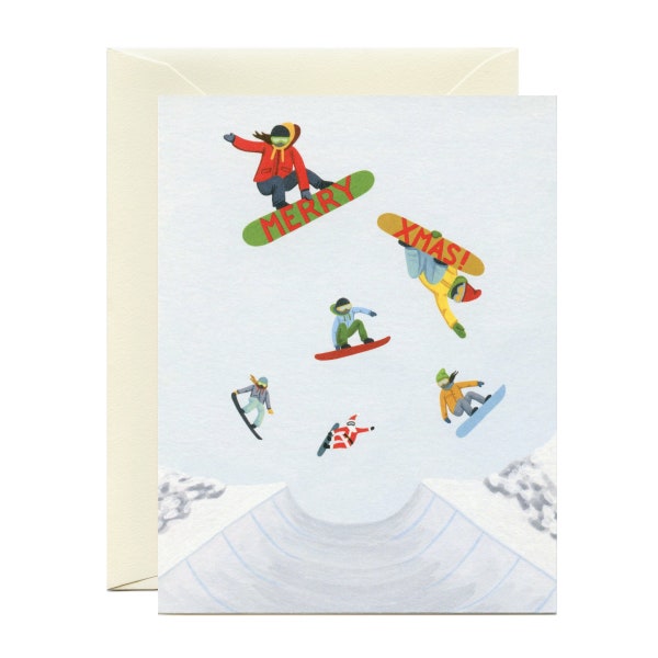 Snowboarding Santa & Friends Christmas Card - "Merry X-Mas!" - ID: HOL152