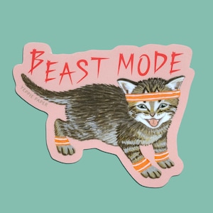May include: A pink sticker with a cartoon illustration of a tabby cat wearing a headband and a red "Beast Mode" text.