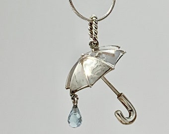 Umbrella Pendant-3D Umbrella Necklace with Light Blue Aquamarine Faceted Briolette Stone- Umbrella With Raining Drop Pendant .