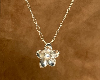 Plumeria with Pearl Necklace - Plumeria Hawaiian Flower- Sterling Silver Plumeria Flower Charm - Large Plumeria Pendant W/Freshwater Pearl