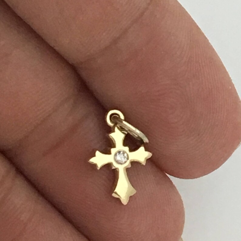 Tiny Cross Pendant charm With a Diamond. 14k Solid Yellow Etsy
