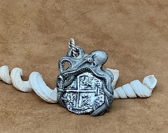 3D Octopuses Bezel With Atocha Coin Pendant -Atocha Spanish Shipwreck Treasure Coin - 925 Sterling Silver-Handmade in U.S.A- Octopuse Frame