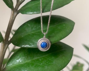 Silver and Lapis Lazuli Necklace- Round Pendant - Genuine Lapis  Stone- Handmade in U.S.A.- Gemstone necklace- Royal Blue necklace