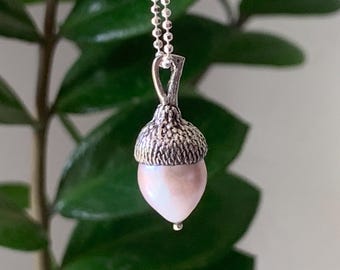 Pearl Acorn Necklace- Acorn necklace with Freshwater pearl -Acorn Charm Pendant- 925 Sterling Silver.Handmade in U.S.A.