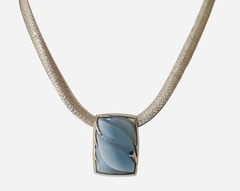 Carving Peruvian Opal Necklace- Natural Blue Peruvian Opal Necklace with Genuine Sapphire- Unique Silver Pendant- Jewelry Handmade in U.S.A.