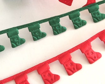 Christmas Stocking Ribbon, Holiday Trim, Stockings Fabric Ribbon, Card Making and Craft Supplies (1-15 yds), 157