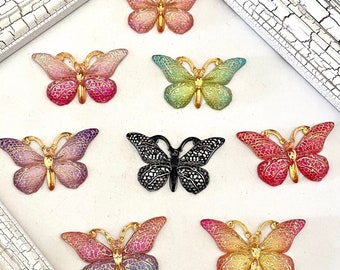 9 pcs,Resin butterflies,white butterflies,butterfly rhinestones,gold butterflies,resin rhinestone,cell phone rhinestone,flat back rhinestone