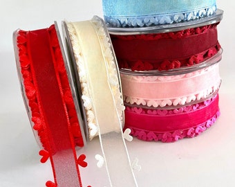 2-25 yds,Heart ribbon,fabric ribbon,organza ribbon,white ribbon,sheer ribbon,Valentines ribbon,ribbon for bows,ribbon for crafts,ribbon.