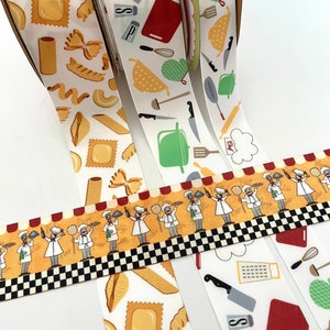 May include: Three rolls of white satin ribbon with different Italian-themed prints. The first ribbon features pasta shapes, the second has kitchen tools, and the third has cartoon chefs holding trays of food. The third ribbon also has a black and white checkered pattern.