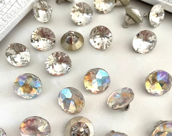 10 pcs,crystal buttons,round buttons,iridescent buttons,rhinestone buttons,buttons w/shank,flower center,silver rhinestones,shank buttons.