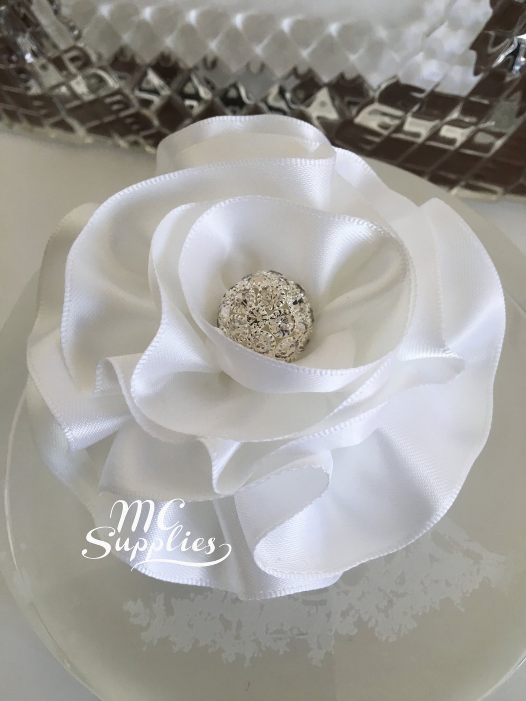White Ribbon Flower Applique,satin Ribbon Flower,baby Headband Flower ...