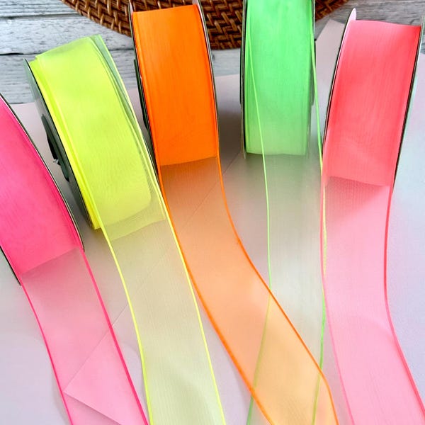Neon organzaband för hårrosetter, pyssel och scrapbooking, tunt tygband i metervara (5-54 yards)