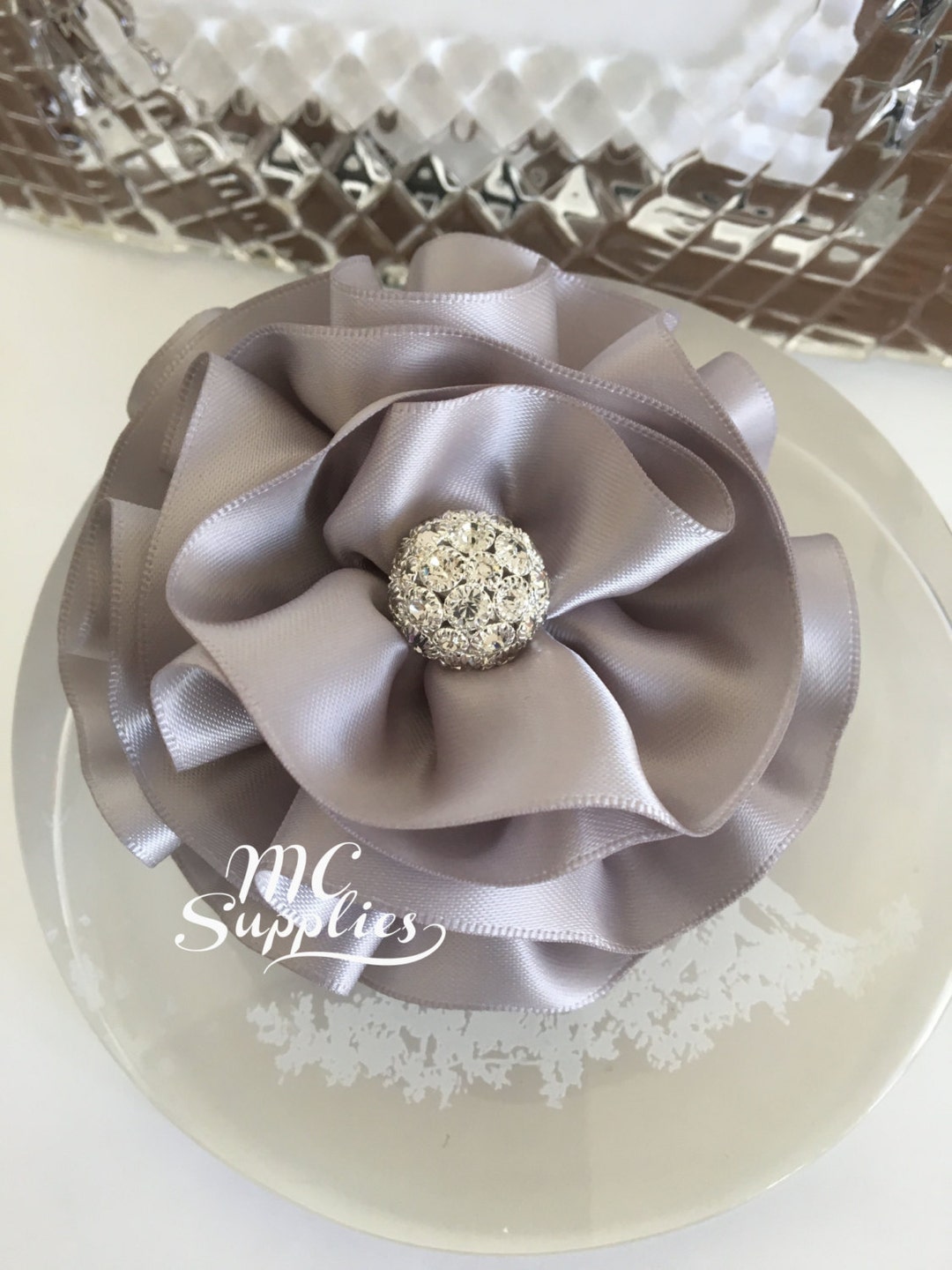 Silver Ribbon Flower Applique,satin Ribbon Flower,baby Headband Flower ...