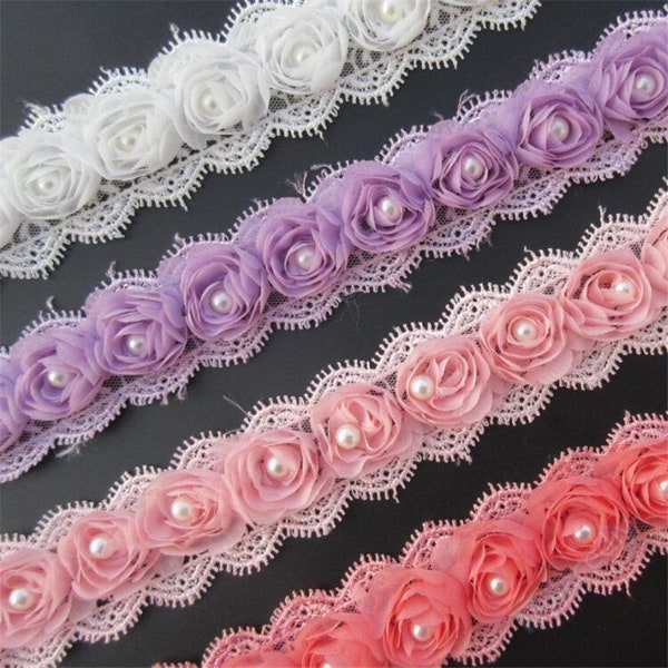 Rosette trim,pink rosette trim,flowers trim,rosette flower trim,rosette with pearls trim,embellished ribbon,ribbon by the yard,171