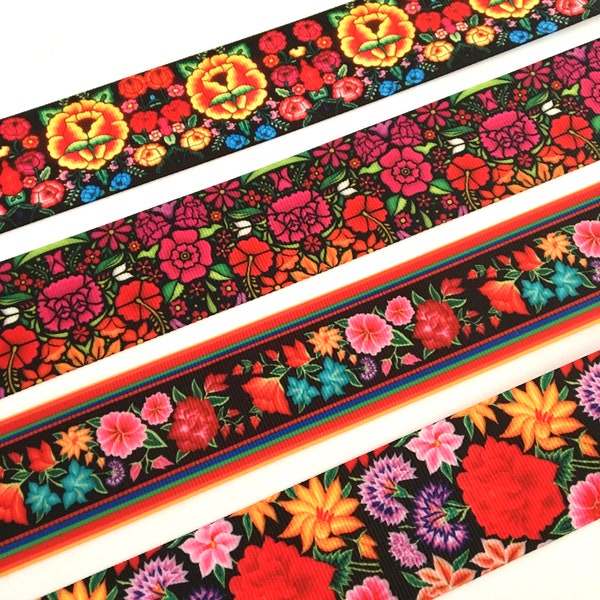 2 yds,Floral ribbon,flowers ribbon,colorful ribbon,mexican ribbon,ribbon for bows,decorative ribbon,scrapbooking ribbon,grosgrain ribbon.