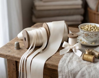 Off White Satin Ribbon Double Faced Bulk Ribbon for Bows Crafts Sewing Weddings (5-50 yds).