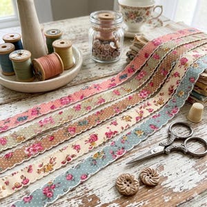 Vintage Floral Ribbon, 1 Inch Scalloped Moonstitch Ribbon for Hair Bows, Crafts, and Weddings (10 yds)