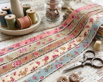 Vintage Floral Ribbon, 1 Inch Scalloped Moonstitch Ribbon for Hair Bows, Crafts, and Weddings (10 yds)