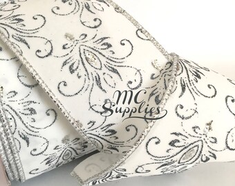 Wedding ribbon,white ribbon,white/silver ribbon,ribbon for crafts,ribbon for bows,ribbon for sewing,ribbon by the yard,satin ribbon.