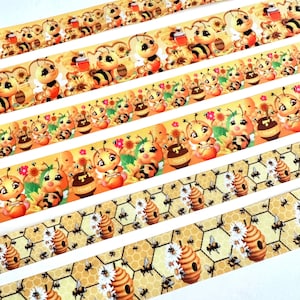 May include: Five different yellow and brown patterned ribbons with a bee theme. The ribbons feature bees, honey pots, honeycombs, and flowers.
