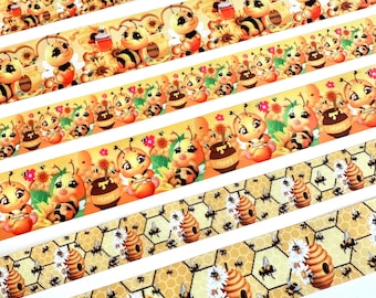 May include: Five different yellow and brown patterned ribbons with a bee theme. The ribbons feature bees, honey pots, honeycombs, and flowers.
